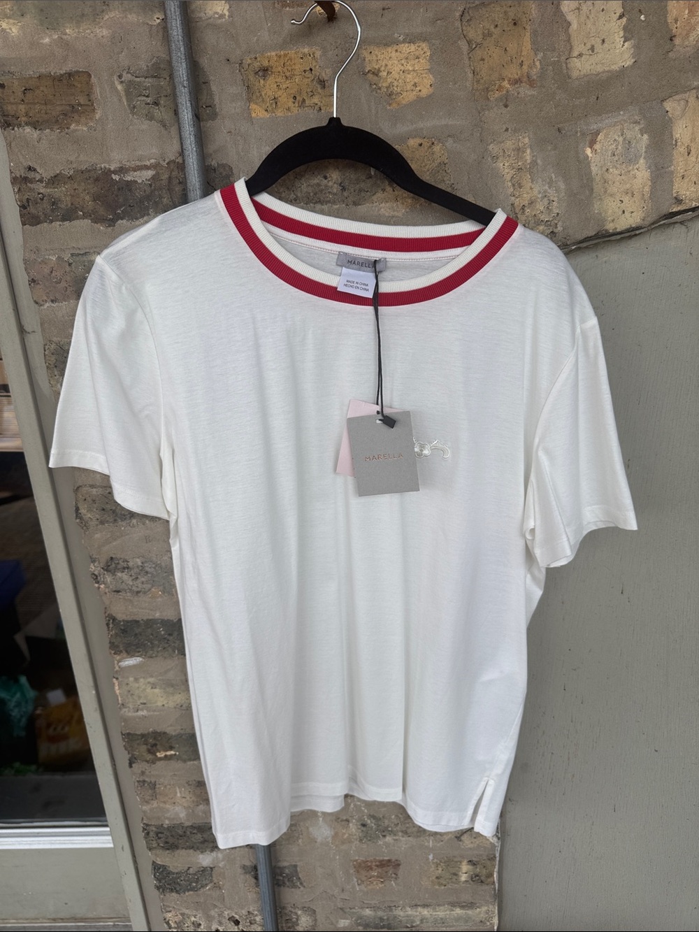 MARELLA White Tee with Red Ribbed Collar